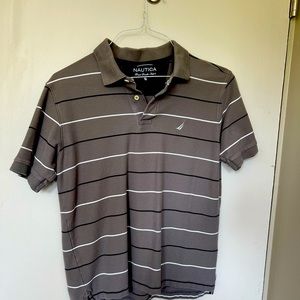 Nautical men polo grey blue & white Stripes excellent shape and color condition